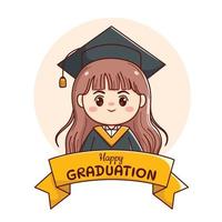 banier of lint gelukkig diploma uitreiking lang haar- meisje met pet en japon schattig kawaii chibi tekenfilm vector