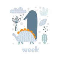 1 week baby jongen verjaardag kaart pasgeboren statistieken. baby douche afdrukken met schattig dier dino, bloemen en palm vastleggen allemaal speciaal momenten. baby mijlpaal kaart voor pasgeboren vector