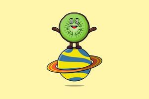 schattig tekenfilm kiwi fruit karakter staan in planeet vector