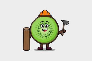 schattig tekenfilm kiwi fruit net zo timmerman met bijl vector