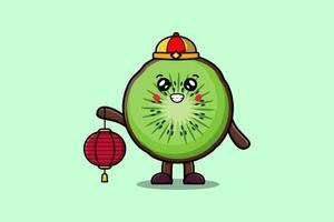 schattig tekenfilm kiwi fruit Chinese Holding lantaarn vector