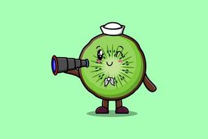 schattig tekenfilm kiwi fruit matroos gebruik makend van verrekijker vector