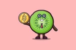 schattig tekenfilm kiwi fruit geslaagd houden goud munt vector