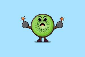 schattig tekenfilm kiwi fruit Holding bom met bang vector