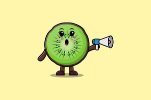 schattig tekenfilm kiwi fruit spreken met megafoon vector