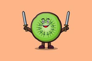 schattig tekenfilm kiwi fruit karakter houden twee zwaard vector