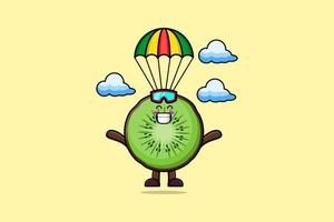 schattig tekenfilm kiwi fruit Parachutespringen met parachute vector