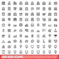 100 Azië pictogrammen set, schets stijl vector