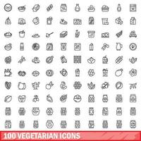 100 vegetarische iconen set, Kaderstijl vector