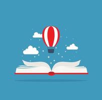 stack van boeken met lucht ballon. fantasie, fee verhaal. verbeelding en inspiratie afbeelding.vector vlak illustratie. vector