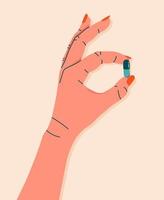 kleurrijk pil, medicijn, vitamine in vrouw hand. vrouw hand- Holding pil. gezondheidszorg en geneeskunde concept. hand- getrokken modern vlak vector illustratie voor web banier, kaart ontwerp.