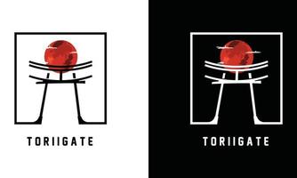 Japans torii poort illustratie, gemakkelijk torii poort teken logo ontwerp vector met rood maan