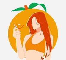 meisje in oranje jurk Holding oranje fruit. oranje achtergrond. geschikt voor de thema van fruit, voedsel, Gezondheid, natuur, enz. vlak vector illustratie