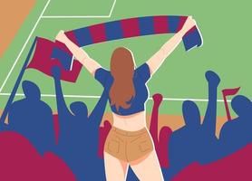 mooi vrouw voetbal ventilator Holding sjaal bovenstaand stadion. terug visie. menigte van toeschouwers. geschikt voor de thema van Amerikaans voetbal, voetbal, feesten, fans, evenementen, hobby's, enz. vlak vector illustratie