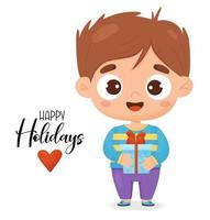 schattig jongen ik met geschenk en opschrift gelukkig vakantie. vector illustratie vent in tekenfilm stijl voor kaart ontwerp, decor, Kerstmis en groet kaarten, valentijnskaarten, afdrukken en kinderen verzameling.