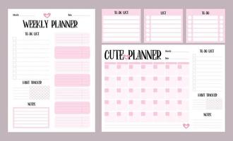 verzameling van planners en organisatoren. dagelijks en maandelijks planner, Te doen lijst, aantekeningen en gewoonte tracker in roze. vector geïsoleerd lakens voor afdrukken, ontwerp, decor, kinderen verzameling, briefpapier.