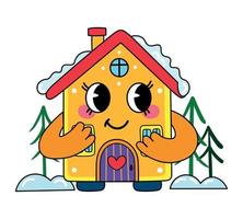 vector illustratie van schattig en knus Kerstmis huis karakter. schattig tekenfilm huis Aan winter landschap achtergrond