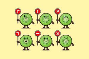 schattig kiwi fruit tekenfilm Holding verkeer teken vector