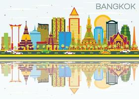 Bangkok horizon met kleur oriëntatiepunten, blauw lucht en reflecties. vector