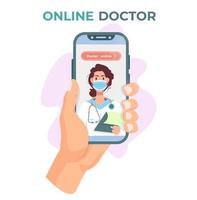 online geneeskunde concept. online overleg van een dokter. hand- Holding een telefoon. vlak vector illustratie.