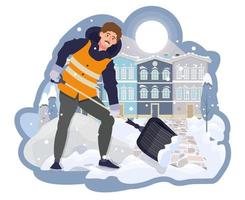 mannetje arbeider Verwijderen de sneeuw van de bestrating met een Schep. Mens schoonmaak de gebied in de buurt de huis, besneeuwd weg. openbaar gemeentelijk werken in winter. sneeuw drijft in de stad. vector