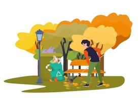 vrouw harken herfst bladeren in de park. vrouw karakter schoonmaak omhoog de gebied met harken. arbeider, vrijwilliger. vlak vector illustratie. buitenshuis werkzaamheid.