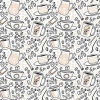 vector hand- getrokken naadloos patroon. divers cups schetsen stijl getrokken achtergrond met suiker, lepels, bubbels en koffie bonen. hand- getrokken lineair grafisch achtergrond.
