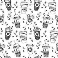 hand- getrokken schetsen stijl naadloos patroon met koffie naar Gaan cups divers vormen met drinken rietjes en harten. monochroom vector achtergrond.