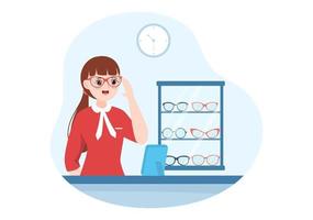 oog bril op te slaan of optisch winkel met accessoires, opticien, controle visie en bril in vlak tekenfilm hand- getrokken Sjablonen illustratie vector