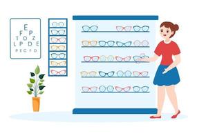 oog bril op te slaan of optisch winkel met accessoires, opticien, controle visie en bril in vlak tekenfilm hand- getrokken Sjablonen illustratie vector