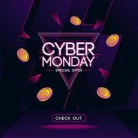 cyber maandag futuristische achtergrond met munten Purper roze geel kleur vector