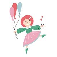 een gelukkig schattig meisje houdt ballonnen in haar handen en leest een liefde bericht Aan haar smartphone. Gefeliciteerd en bekentenissen Aan Valentijnsdag dag. vector