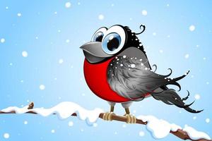 schattig grappig tekenfilm vogel goudvink zittend Aan een Afdeling onder winter sneeuwval vector