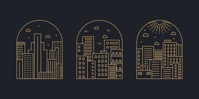 stadsgezicht kenteken. modern gebouw in vlak lijn vector. stad landschap lijn kunst illustratie met gebouw, toren, wolkenkrabbers. vector illustratie.
