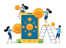 vector illustratie van gebruiker krijgen cashback van munten en kortingen Promotie programma apps. kan worden gebruikt voor landen Pagina's, web, websites, mobiel appjes, affiches, advertenties, flyers, banners