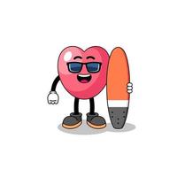 mascotte tekenfilm van hart symbool net zo een surfer vector