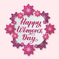 gelukkig vrouwen dag schoonschrift belettering met roze en paars papier besnoeiing bloemen. Internationale vrouwen dag groet kaart. vector illustratie. perfect voor banier, poster, uitnodiging, ansichtkaart, enz.