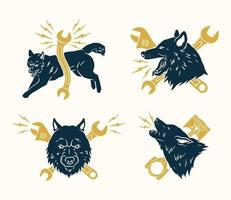 hand- getrokken wijnoogst stijl van wolf logo, motorfiets en garage Op maat logo insigne vector