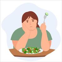 een verdrietig vrouw is zittend Bij de tafel met een bord van salade. de concept van gewicht verlies en eetpatroon. vector illustratie