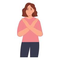 vrouw tonen weigering of hou op gebaar met gekruiste handen.uitdrukken negatief emoties, communicatie, het oneens zijn gevoelens gebaren. vector illustratie