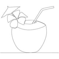 kokosnoot met bloem decoratie en klein paraplu doorlopend lijn tekening vector illustratie