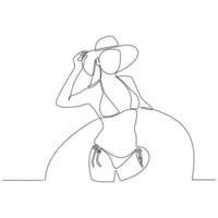 vrouw vervelend bikini en draag- zwemmen banden Aan de strand doorlopend lijn tekening vector illustratie