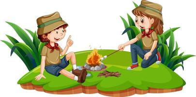 twee camping kinderen roosteren marshmallows vector
