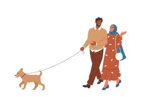 gelukkig moslim paar wandelen een hond. vlak vector illustratie.