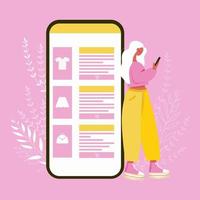 vrouw aan het doen boodschappen doen online met mobiel telefoon, buying kleren Aan uitverkoop. koper gebruik makend van smartphone, maken aankopen door internet Bij huis. vlak vector illustratie geïsoleerd Aan wit achtergrond