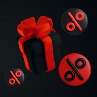 vector illustratie van de zwart vrijdag uitverkoop met 3d elementen. zwart geschenk doos met rood boog en procent tekens.