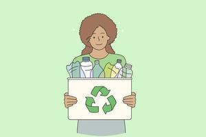 recycling en duurzame levensstijl concept. jong glimlachen zwart vrouw tekenfilm karakter staand Holding recycle bak met plastic flessen buitenshuis vector illustratie