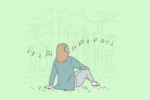 recreatie, vrije tijd en luisteren naar muziek- concept. jong gelukkig vrouw tekenfilm karakter in hoofdtelefoons zittend Aan gras in park luisteren naar muziek- vector illustratie