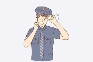 politieagent gedurende werk concept. jong knap positief politieagent vervelend Politie uniform pratend Aan smartphone buitenshuis vector illustratie