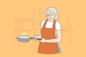gelukkig ouderen Koken levensstijl concept. glimlachen volwassen oud vrouw in schort tekenfilm karakter staand Holding Koken pan vector illustratie
